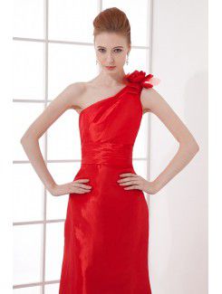 Satin Asymmetrical Sheath Sweep Train Hand-made Flower Prom Dress