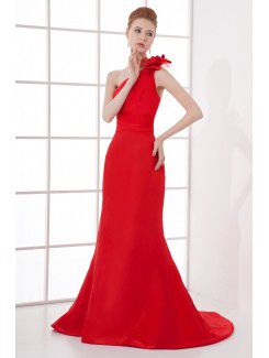 Satin Asymmetrical Sheath Sweep Train Hand-made Flower Prom Dress