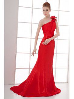 Satin Asymmetrical Sheath Sweep Train Hand-made Flower Prom Dress