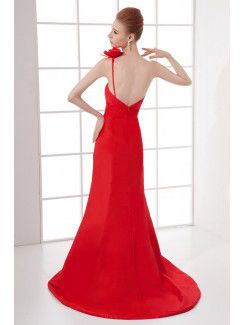 Satin Asymmetrical Sheath Sweep Train Hand-made Flower Prom Dress