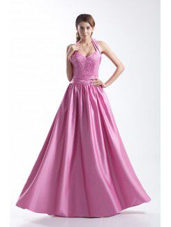 Taffeta Halter Floor Length Corset Embroidered Prom Dress