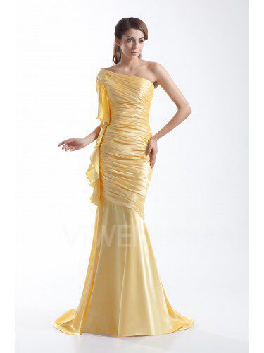 Silk Asymmetrical Sweep Train Sheath Directionally Ruched Prom Dress