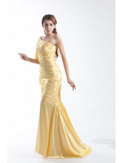 Silk Asymmetrical Sweep Train Sheath Directionally Ruched Prom Dress