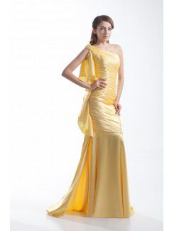 Silk Asymmetrical Sweep Train Sheath Directionally Ruched Prom Dress