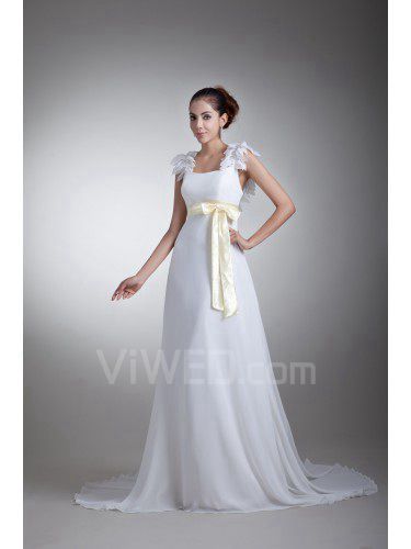 Chiffon and Satin Straps Sweep Train Column Sash Wedding Dress