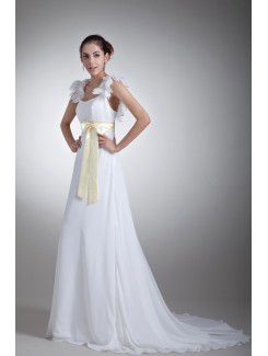 Chiffon and Satin Straps Sweep Train Column Sash Wedding Dress