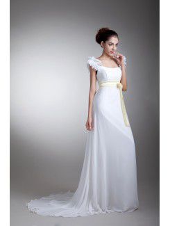 Chiffon and Satin Straps Sweep Train Column Sash Wedding Dress