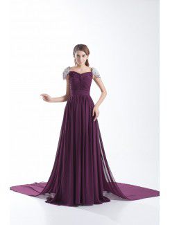 Chiffon Portrait Sweep Train Column Cap Sleeves Prom Dress