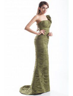 Chiffon One-Shoulder Sweep Train Sheath Directionally Ruched Prom Dress