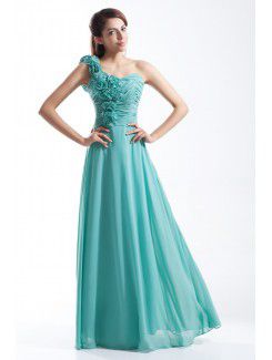 Chiffon One-Shoulder Floor Length Column Hand-made Flowers Prom Dress