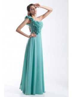 Chiffon One-Shoulder Floor Length Column Hand-made Flowers Prom Dress