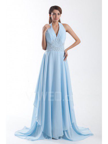 Chiffon Halter Sweep Train Column Bead Prom Dress