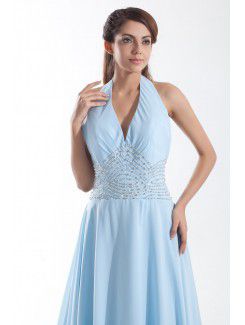 Chiffon Halter Sweep Train Column Bead Prom Dress