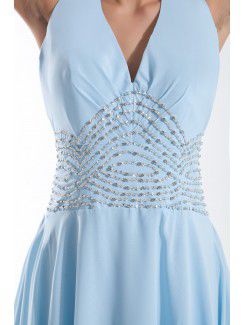 Chiffon Halter Sweep Train Column Bead Prom Dress