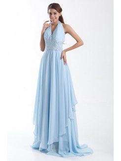 Chiffon Halter Sweep Train Column Bead Prom Dress