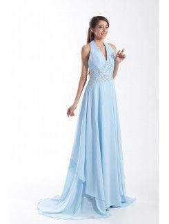 Chiffon Halter Sweep Train Column Bead Prom Dress