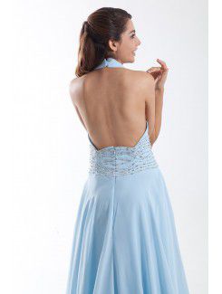 Chiffon Halter Sweep Train Column Bead Prom Dress