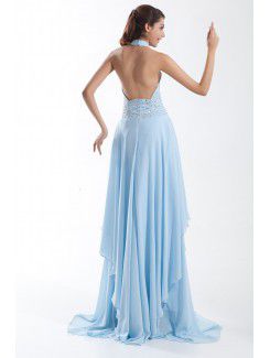 Chiffon Halter Sweep Train Column Bead Prom Dress