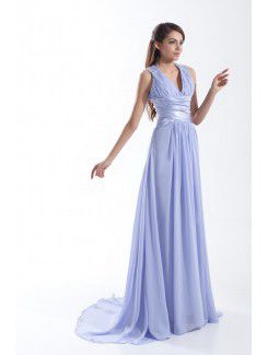 Chiffon V-Neck Sweep Train Column Prom Dress