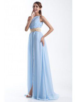 Chiffon Asymmetrical Sweep Train Column Embroidered Prom Dress