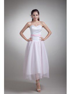 Organza and Satin Sweetheart Tea-Length Sheath Embroidered Wedding Dress