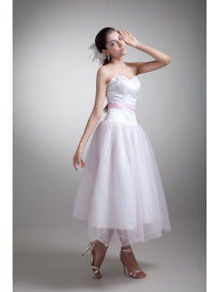 Organza and Satin Sweetheart Tea-Length Sheath Embroidered Wedding Dress