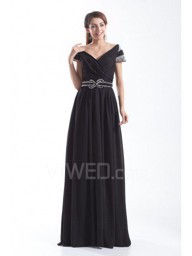 Chiffon Portrait Floor Length Column Embroidered Prom Dress