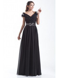 Chiffon Portrait Floor Length Column Embroidered Prom Dress