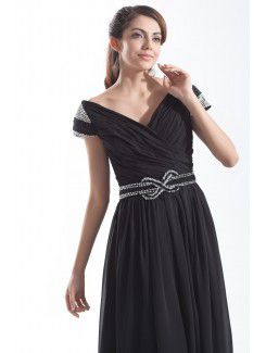 Chiffon Portrait Floor Length Column Embroidered Prom Dress