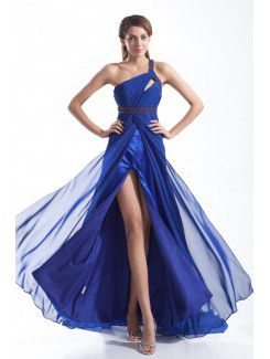 Chiffon One-Shoulder Floor Length Column Embroidered Prom Dress