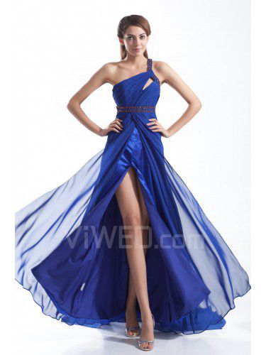 Chiffon One-Shoulder Floor Length Column Embroidered Prom Dress