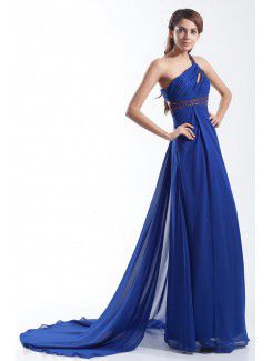 Chiffon One-Shoulder Floor Length Column Embroidered Prom Dress