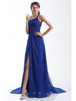 Chiffon One-Shoulder Floor Length Column Embroidered Prom Dress