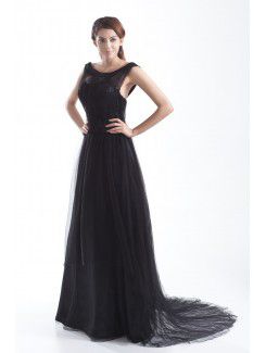 Net Portrait Floor Length A-line Prom Dress