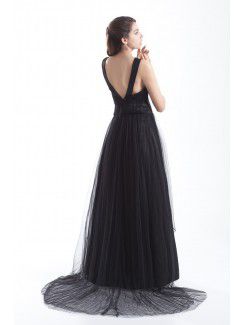 Net Portrait Floor Length A-line Prom Dress