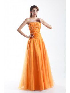 Taffeta and Net Strapless Floor Length A-line Embroidered Prom Dress