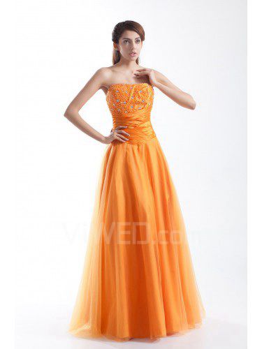 Taffeta and Net Strapless Floor Length A-line Embroidered Prom Dress