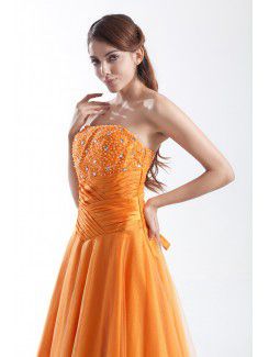 Taffeta and Net Strapless Floor Length A-line Embroidered Prom Dress