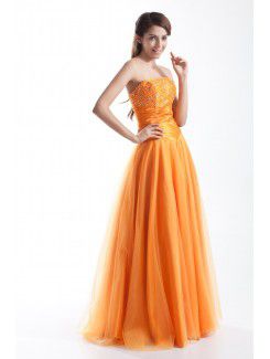 Taffeta and Net Strapless Floor Length A-line Embroidered Prom Dress