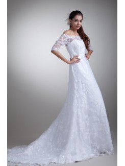 Lacee Off-the-Shoulder Sweep Train Column Half-Sleeves Wedding Dress