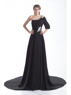 Chiffon Asymmetrical Chapel Train A-line Embroidered Prom Dress