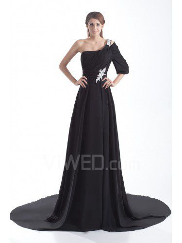 Chiffon asymmetrischen kapelle zug a-line bestickte ballkleid