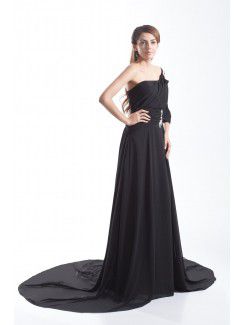 Chiffon Asymmetrical Chapel Train A-line Embroidered Prom Dress