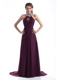 Chiffon High Collar Sweep Train A-line Sequins Prom Dress