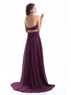 Chiffon High Collar Sweep Train A-line Sequins Prom Dress