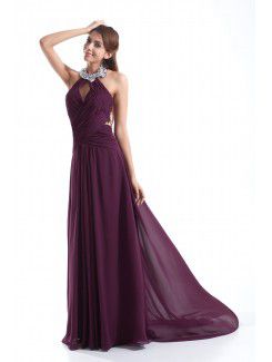 Chiffon High Collar Sweep Train A-line Sequins Prom Dress