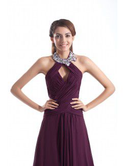 Chiffon High Collar Sweep Train A-line Sequins Prom Dress