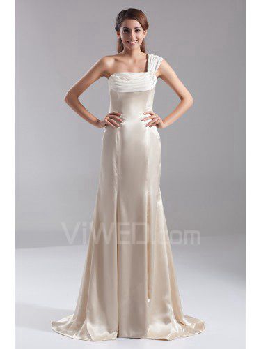 Satin One-Shoulder Sweep Train A-line Prom Dress