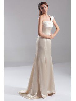 Satin One-Shoulder Sweep Train A-line Prom Dress