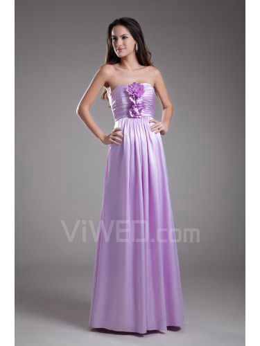 Satin Strapless Floor Length A-line Hand-made Flower Prom Dress